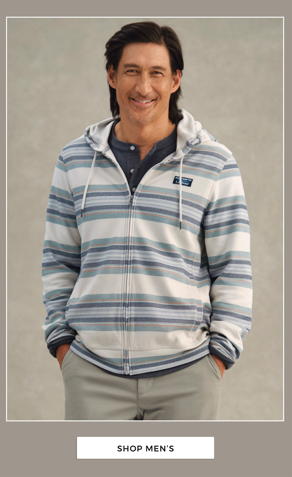 Three images of men wearing new shirts, sweaters and hoodies.